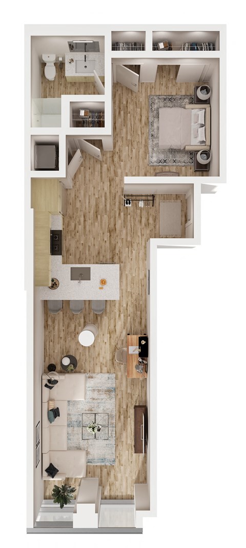 Floor plan for studio, 1 bath, 613 sqft